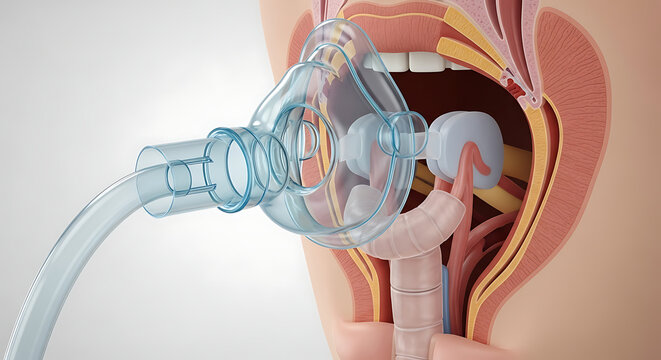 Close up of a clear medical laryngeal mask airway with tubing and connectors on