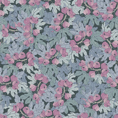 Seamless repeating pattern imitates an intricate tapestry showcasing nature's beauty with picturesque fig branches with large leaves and ripe fruits in rich, earthy color palettes with Layered details