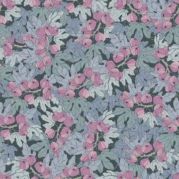 Seamless repeating pattern imitates an intricate tapestry showcasing nature's beauty with picturesque fig branches with large leaves and ripe fruits in rich, earthy color palettes with Layered details