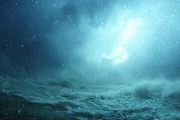 Stormy underwater scene, with turbulent waves and a bright light source
