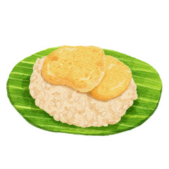 Watercolor Thai Dessert Sticky Rice with Custard on Banana Leaf Illustration