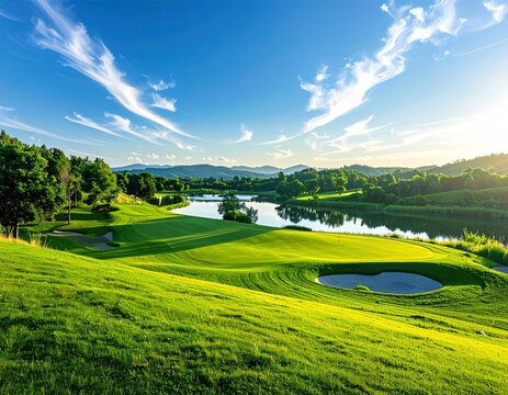 A pristine, lush green golf course alongside a serene lake, framed by rolling hills under a bright blue sky with wispy white clouds
