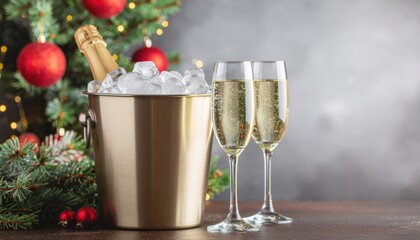 A bottle of champagne in a golden bucket with ice and two glasses of champagne on a black background in Christmas decorations 