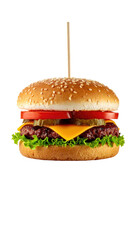 Close-up of a single cheeseburger on a stick, topped with tomato, cheese, and lettuce