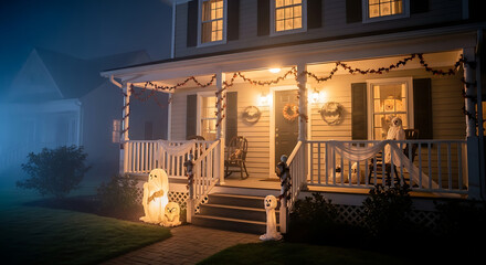 Obraz premium House decorated with halloween ornaments and lights on the porch at night in a neighborhood setting ai generated