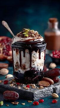 parfait layered with cream, fruit, and granola served in glass jar