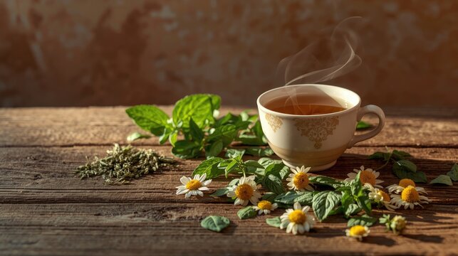 A warm herbal tea cup sits amidst fresh and dried flowers and leaves on a weathered wooden surface.