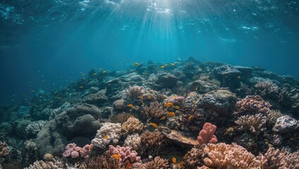 Fototapeta premium Vibrant coral reef teeming with life, showcasing a diverse array of colorful corals and fish in a sunlit underwater scene.