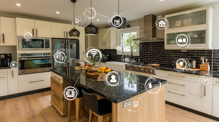 Modern kitchen with smart home technology integration and connected appliances