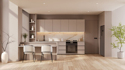 Modern kitchen interior with a stylish island, bar stools, Luxury home design with marble backsplash.3d render
