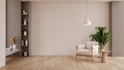 Fototapeta premium Minimalist home decor background with blank wall, shelving and copy space..3d render