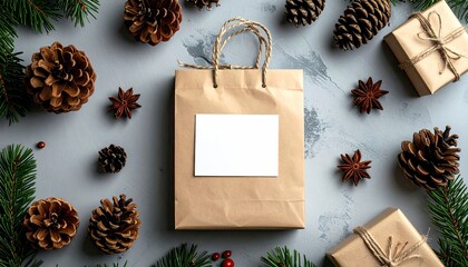 Christmas shopping bag, gifts, & pine cones