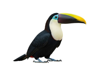 A large tropical toucan with charcoal grey and ivory matte plumage, a bright banana-yellow beak, centered on a transparent background with copy space, professional studio lighting, concept of colorful