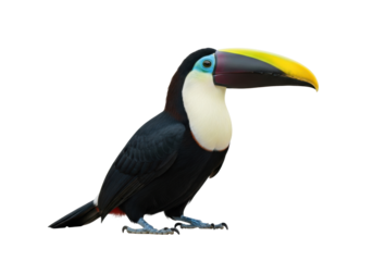 A large tropical toucan with charcoal grey and ivory matte plumage, a bright banana-yellow beak, centered on a transparent background with copy space, professional studio lighting, concept of colorful
