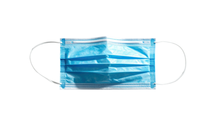 Light-blue disposable face mask, top view, isolated on black