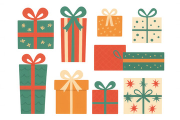 Various gift boxes in different colorful designs tied with ribbons, representing holiday celebration and presents
