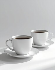 Fototapeta premium Two white coffee cups, full of dark coffee, on saucers, against a light background