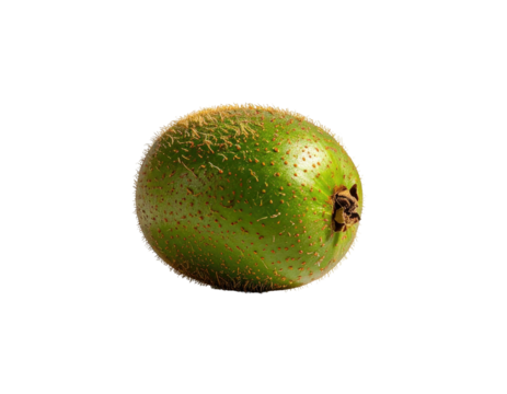 Single, whole, green kiwi fruit, oval shape, displaying fuzzy skin and small red dots