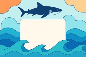 Naklejka premium Shark swimming above stylized ocean waves with blank rectangular space in center for creative design or message on blue abstract background. Ai generative