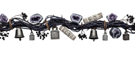 Somber, deep indigo garland of gnarled vines, dark amethyst, leaden bells, dried herbs, and elderberries, as a horizontal border on a transparent background with copy space, concept of ancient