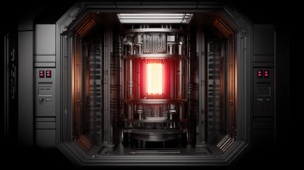 Interior view of a futuristic high-tech chamber with glowing red core and metallic structure