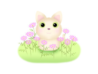 シロネコとピンクの花　①