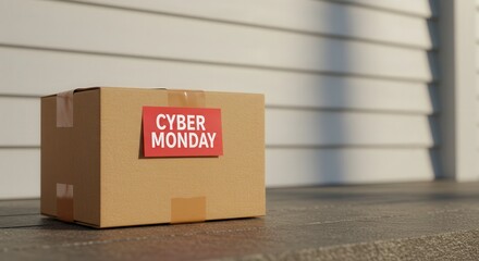 Cyber Monday package on doorstep with sunlight
