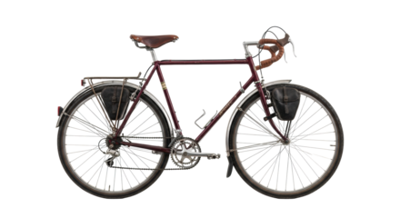 Vintage deep burgundy touring bicycle with worn leather handlebars & saddle, knobby tires, showing authentic wear, flat on white studio background with copy space, concept of enduring journeys