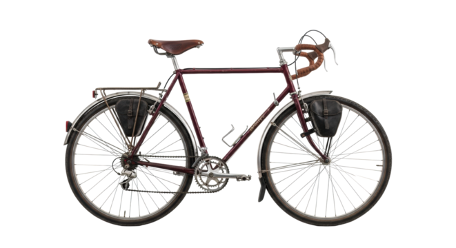 Vintage deep burgundy touring bicycle with worn leather handlebars & saddle, knobby tires, showing authentic wear, flat on white studio background with copy space, concept of enduring journeys