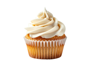 A single vanilla cupcake with swirls of creamy frosting in a paper liner, isolated on a black background