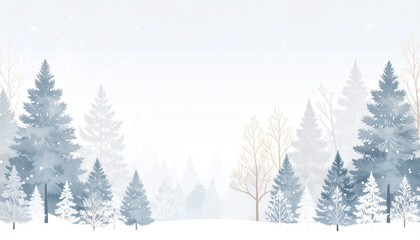 Minimal winter landscape with snowy meadow and evergreen trees.