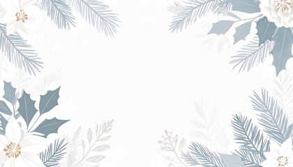 Elegant holiday background with winter greenery, white flowers and copy space.