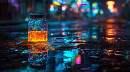 Neon jar reflected in puddle on rainy city street, cyberpunk vibes, horizontal composition