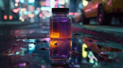 Neon jar reflected in puddle on rainy city street, cyberpunk vibes, horizontal composition