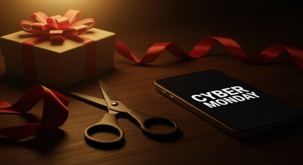 Gift wrapping scene with digital Cyber Monday promotion