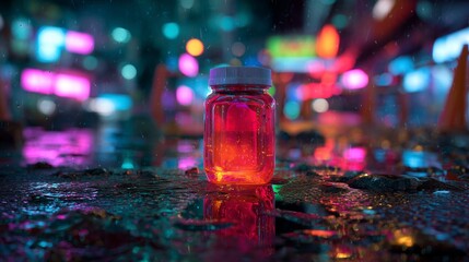 Neon jar reflected in puddle on rainy city street, cyberpunk vibes, horizontal composition