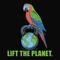 Vibrant Macaw Parrot Perched on Kettlebell Shaped Earth Globe;  Bold Graphic Style; Motivational, Environmental Conservation Theme;  Powerful, Uplifting Mood;  Perfect for Fitness, Sustainability