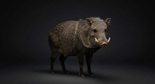 Collared peccary standing in front of a dark background.