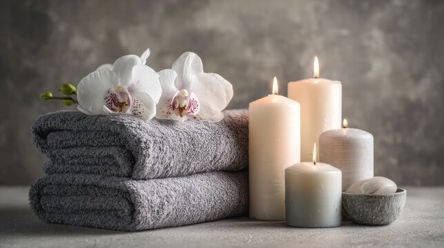 Relaxing Spa Arrangement with Towels, Candles, and Orchids