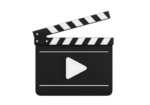 Illustration of a black movie clapperboard with a white play button icon, isolated on transparent background on transparent background