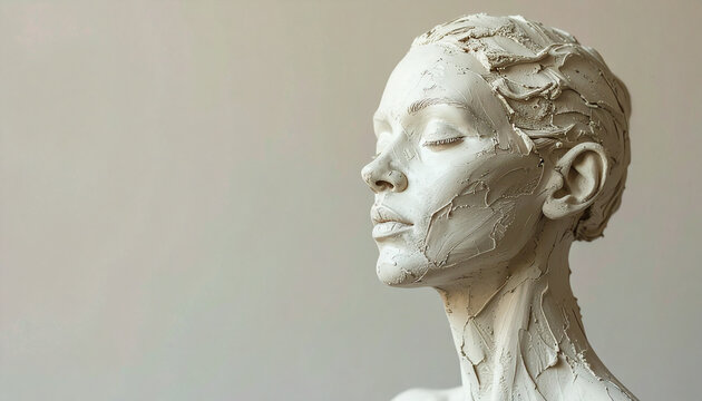 Unfinished clay sculpture of human figure,, solid background for clarity and emphasis. Close-up.