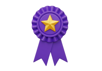 Illustration of a purple rosette award ribbon with a gold star in the center, isolated on a transparent background on transparent background