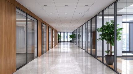 Modern office corridor with glass walls, wooden accents, and potted plants creating professional atmosphere