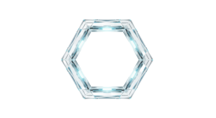 A singular, futuristic, highly detailed hexagonal frame made of translucent crystal with an internal cyan glow, isolated on a transparent background, concept of advanced digital interface
