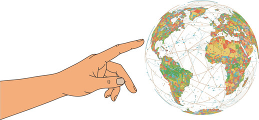 Human hand extending to interact with a vibrant, networked globe, symbolizing global reach, digital connectivity, and the interconnectedness of our modern world