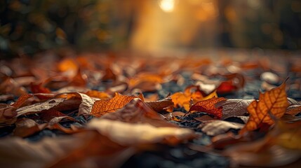 A close-up view of fallen autumn leaves on a path, showcasing warm, earthy tones and intricate leaf details.