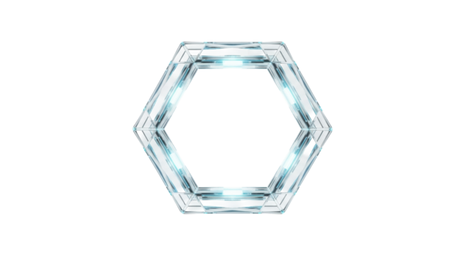 A singular, futuristic, highly detailed hexagonal frame made of translucent crystal with an internal cyan glow, isolated on a transparent background, concept of advanced digital interface