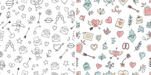 Romantic Hand-Drawn Doodle Pattern with Love-Themed Illustrations in Black and White and Pastel Colors