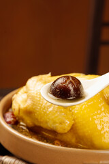 Nourishing Chinese Hen Soup with Yam and Mushroom - Traditional Herbal Stewed Chicken Broth