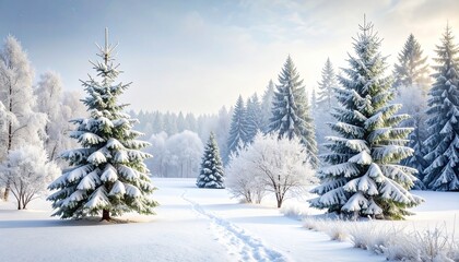 Snowy winter scene with path, trees and soft sunlight.